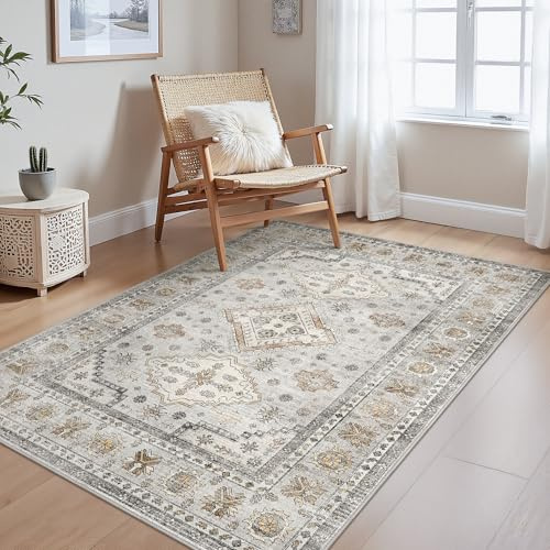 GENIMO - Tappeto Vintage 120x170cm - Antiscivolo, Lavabile, Con Pelo Corto - Per Soggiorno, Camera da Letto, Cucina - Beige Grigio