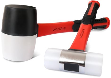 WOTAHI Lot de 2 maillets en caoutchouc blanc et noir de 473,6 g et marteau d'installation à double tête en nylon de 35 mm, manche en fibre de verre à prise souple, double face non marquante et tête