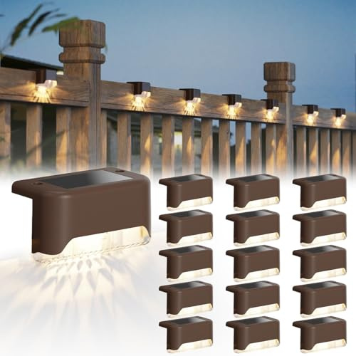 JACKYLED 16 Pack Solar Fence Lights – Waterproof LED Solar Step Lights Outdoor, Deck Decorative Lighting for Stairs, Fences, Railings, Yards, and Pathways (Brown)