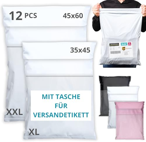 EMBALLAX - 12 Versandtaschen MIT TASCHE FÜR VERSANDETIKETT - 2 Größen XL/XXL - WIDERSTANDSFÄHIG/WASSERDICHT - Versandtüten für Kleidung - Warensendung Umschlag für Kartons - Versandbeutel A4