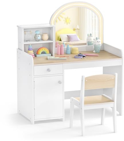COSTWAY Kids Vanity Table and Stool Set, Children Study Desk with 2-Color LED Lights Mirror, Shelves, Drawer & Cabinet, Wooden Makeup Dressing Tables for Playroom Bedroom (White+Natural)