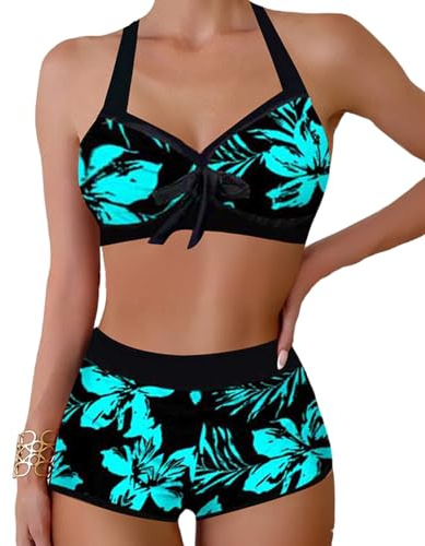 MUNSKT Femme Maillots de Bain Bikini Ensemble de Deux pièces Beau Maillot de Bain Imprimé Maillots de Bain Taille Haute (FR/ES, Alpha/Lettres, TG, Taille Normale, Taille Normale, Green)