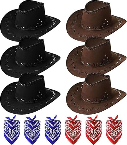 Lot de 12 Chapeaux de Cowboy – Chapeaux Western avec Bandanas Paisley – Accessoires de Cowgirl pour Fêtes Déguisées pour Femmes et Hommes (Noir, Marron)