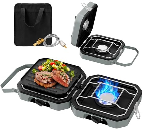 Camping Stove Portable Propane Camp Stove with Independently Adjustable Heat & 2 Burners, Foldable Gas Stove with Carry Bag for Outdoor Cooking,Tailgating & Backyard Gathering（Gray）