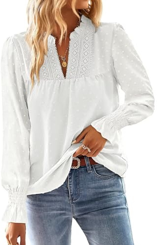 TUUHAW Top Femme Chic et Élégant Automne Bohème Manches Longues à Volants Dentelle Col en V Tunique à Point Suisse T-Shirt Chemise Mousseline Hauts Fluide Blouses Loose Blanc L