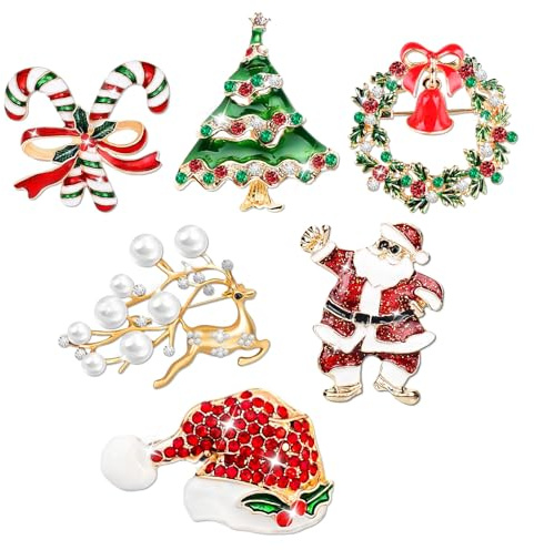 Kuvarix Weihnachtsbrosche, 6 Stück Brosche Weihnachten aus Legierungs, eingelegt mit Strasssteinen und Kunstperlen, für Passende Kleidung, Taschen, Schals, für Damen, Herren, Kinder