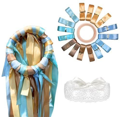 Set di nastri per matrimoni, 16 nastri in raso double face, fascia per occhi in pizzo, anello in legno, nastri, bouquet per matrimoni, giochi di nastri, bouquet da sposa, per giochi di nozze