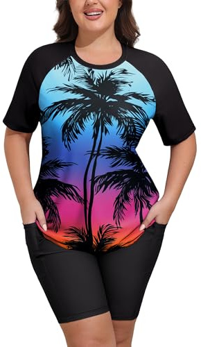 Arolina Full Coverage Swimsuits for Women Rash Guard Swim Shirt with Womens Swim Shorts UPF 50 Coconut Trees XL