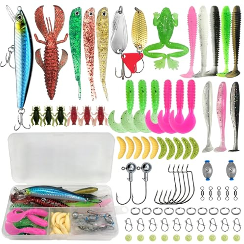 Sayudar Juego de 83 señuelos de pesca con caja de cebo – lucioperca, trucha, perca, wobbler, lucio, accesorios de pesca, cebos artificiales, peces de goma, spinner, popper, jigheads, ganchos y