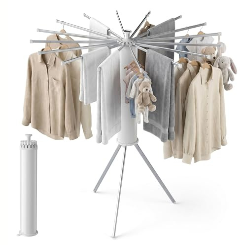 HOMICKER Étendoir à Linge Pliable 360° Pivotant – Séchoir à Linge Intérieur Extérieur Gain de Place avec 16 Bras en Acier Carbone, Étendoir Vertical Extensible pour Balcon, Camping, Buanderie