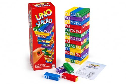 UNO Stacko Juego de Mesa Familiar, Juego de Habilidad y Estrategia con Bloques de Colores, Tipo Torre Apilable, Juegos para Niños +7 Años, Adultos, Amigos y Familia, Regalo Cumpleaños