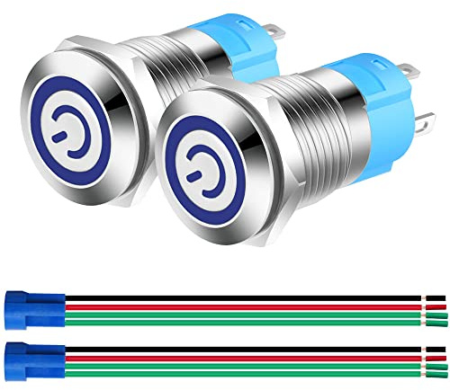 Gebildet 2pièces 12mm Acier Inoxydable Verrouillage Bouton Poussoir Interrupteur, Normalement Ouvert SPST 12V-24V 3A Interrupteur à Levier Étanche avec Fiche à Douille (LED Bleu)