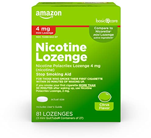 Amazon Basic Care Mini Nicotine Polacrilex Lozenge, 4 mg, Citrus Flavor, Stop Smoking Aid, Reduces Withdrawal Symptoms, 81 Count