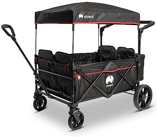 elvent® WagonPro City Bollerwagen/Handwagen faltbar mit Dach I 4 Sitzplätze | groß I Sitzpolster, Hecktasche, Feststellbremse, 5-Punkt-Gurt I für 4 Kinder (Schwarz)