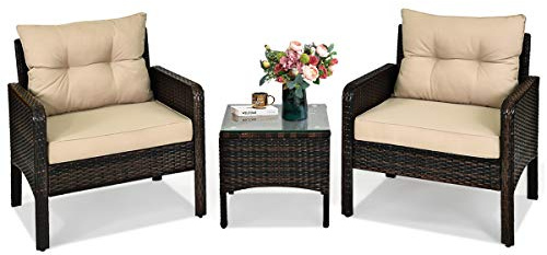 HAPPYGRILL 3 Pieces Patio Furniture Set Outdoor Rattan Wicker Coffee Table & Chairs Set with Seat Cushions Patio Conversation Set for Garden Balcony Backyard Poolside