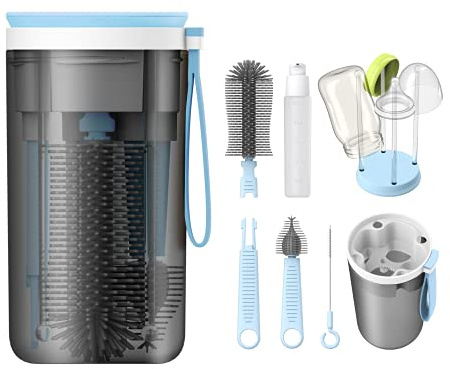 YOTIME Set Spazzole Biberon da Viaggio, con Silicone Spazzola per Biberon, Scovolino per tettarelle e Cannuccia, Dispenser Sapone, Scolabottiglie, Scatola Portaoggetti, senza BPA, Blu