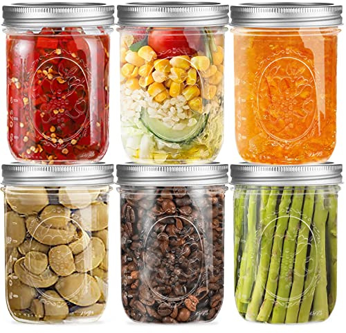 Wide Mouth Glass Mason Jars 16 oz, 6 Pack Glass Canning Jars with Metal Airtight Lids and Bands and Measurement Marks, for Canning, Preserving, Overnight Oats, Jam, Jelly, Food Storage, DIY etc