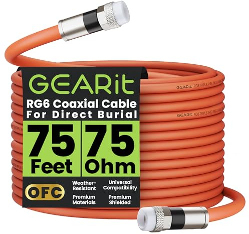 GEARit Coaxial Cable for Direct Burial (75ft) RG6 70 Ohm RF Waterproof Underground in-Wall with Rubber Boot, High-Speed Internet, Broadband, Digital TV Aerial, Satellite 75 Feet
