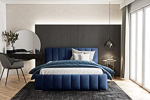 WFL GROUP Samtstoff Polsterbett Doppelbett Komplett 140x200 160x200 180x200 cm Blau Bettgestell Mit Bettkasten Lattenrost und Kopfteil - Hydrophobe Stoff - Dunkelblau - 160 x 200 cm
