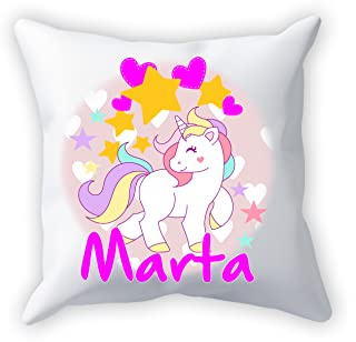 Overthetee Cuscino Unicorni - Nome Personalizzato - Stelle - Cuori - Unicorno Felice - Bimba - Idee Regalo - Cuscini Simpatici - Bambina