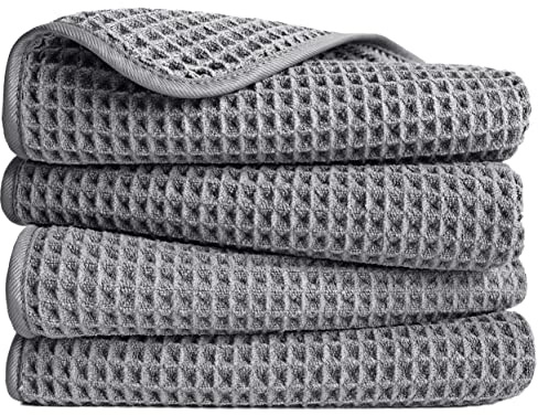 POLYTE Microfibre Lint Free Hand Towel, 40 x 76 cm, 4 Pack (Grey, Waffle Weave)