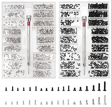 YIXISI 1000 Stück Kleine Schrauben Sortiment Kit, M1.2 M1.4 M2 Winzige Mikroschrauben, Edelstahl Winzige Reparaturschrauben Set mit Schraubendreher, Silber und Schwarz