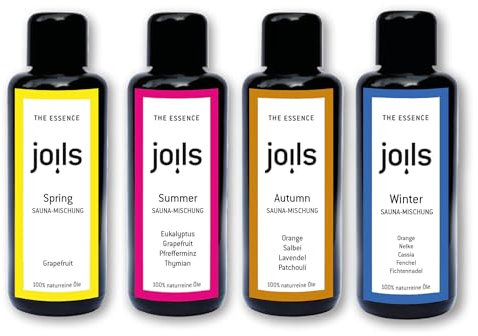 JOILS® Saunaaufguss Set 4-Jahreszeiten, 4x100ml, 100% naturreines Öl für Ihre Sauna, BIO-Saunaöl im Geschenkset, vom Familienbetrieb aus dem Schwarzwald, handabgefüllt