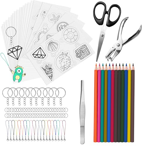 Hewolly 165 PCS Shrink Plastic Kit - 15 Shrink Plastic Films, 5 Patterned Sheets, 12 Colored Pencils, 130 Keychain Accessories, Hole Punch, Scissors, and Tweezers for Creative Art and Craft