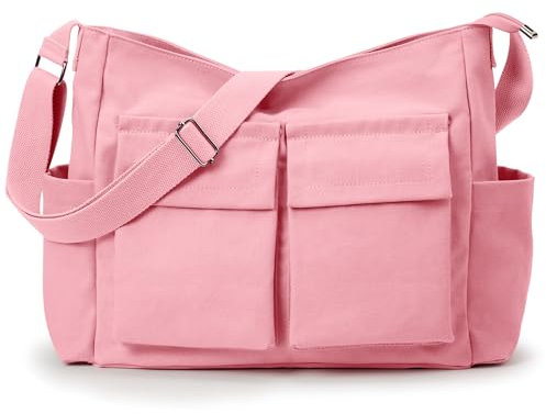 Canvas Messenger Bag for Women Men, Large Crossbody Bag for College Work Travel Daily, Pink