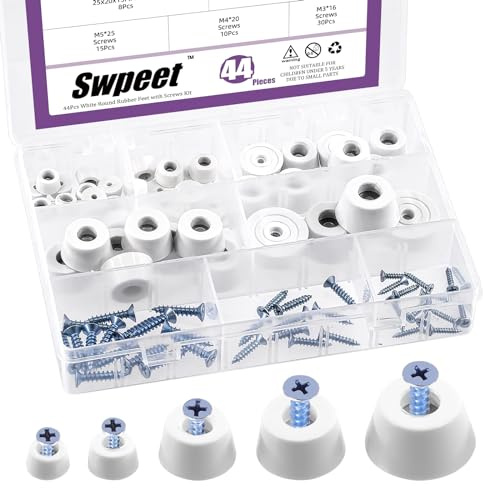 Swpeet Set di 99 piedini rotondi in gomma bianchi con viti M3 M4 M5, cuscinetti in gomma utilizzati per mobili, 5,47 x 0,78 x 0,78 cm, 0,59 x 0,59 cm (larghezza x altezza)