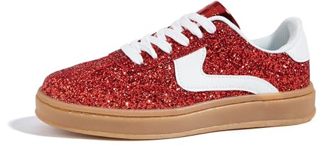 LUCKY STEP Glittersneakers för kvinnor mode retro vardaglig glittrande bling glänsande uppklädda behåliga brudbröllop halkfria promenadskor, Röd, 39 EU