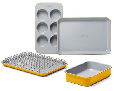 Caraway Mini Bakeware Set – Naturally Non-Stick, Non-Toxic Ceramic Coating – Compact Baking Pans Set for Small Kitchens & Ovens – Includes Baking Sheets, Muffin Pan, Cooling Rack & Storage - Marigold