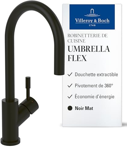 Villeroy & Boch Umbrella Flex, grifo de cocina de alta presión, grifo de fregadero con rociador extraíble y alcance giratorio de 360°, bajo consumo, altura del caño 220 mm, negro mate