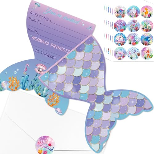 PTECDROTS Lot de 20 ensembles d'invitations d'anniversaire sirène avec enveloppes et autocollants, cartes en papier échelle de sirène, pour fille, baby shower sous la mer, décorations de fête sirène