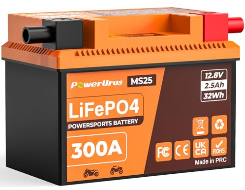 Batterie de moto au lithium, PowerUrus 12 V, batterie au lithium LiFePO4 avec BMS et affichage 12,8 V 2,5 Ah 300 CCA YTX4L-BS, batteries de démarrage LiFePO4 pour motos, VTT, UTV
