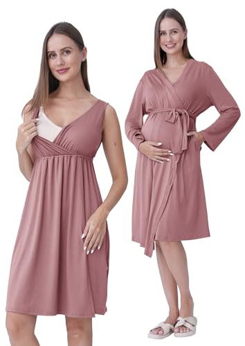 SUNNYBUY Set 2-pezzi con accappatoio da gravidanza e per l'allattamento | Set 3-in-1 da notte per gravidanza per nascita, degenza e allattamento, biancheria da notte per ospedale, rosa antico, L