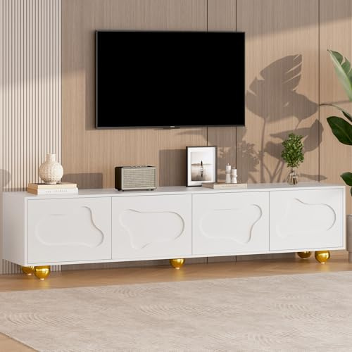 Merax Mobile TV basso per TV fino a 75 pollici, lunghezza 180 cm, tavolo moderno con 2 armadi, porta dell'armadio a forma di nuvole cartone animato, console multimediale per sala da pranzo, soggiorno