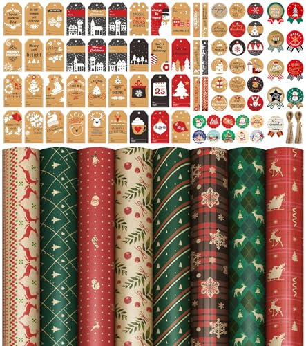 Papel Regalo Navidad Kraft Set 8 Hojas 70x50cm, Papel de Envolver con 60 Etiquetas y 69 Pegatinas, Diseños Navideños Variados, Estilo Vintage para Regalos Pequeños y Medianos