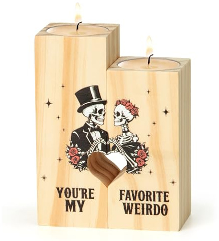 Wedding Gifts for Couple, Heart Shaped Candlestick – “You’re My Favourite Weirdo” Skeleton Couple Design – with Candles Included, for Birthday Christmas Anniversary Valentine's Day