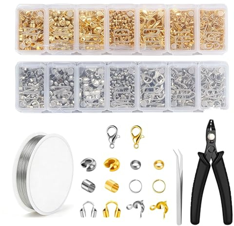 1200 piezas de Set de Fabricación de Joyería – Cuentas de aplastamiento, Cierres de langosta, Anillos de salto, Alicates de prensado y Alambre para Collares y Pulseras DIY (incl. caja organizadora)