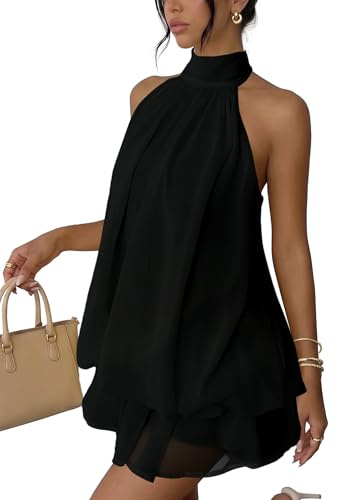 Xiaoliny Vestido Mujer Sexy Sin Mangas Mini Vestidos Halter Elegantes Verano Vestido Espalda Descubierta con Volantes Ligero Fluido Vestidos Holgado de Gasa Casual Dress para Fiesta Playa Cocktail