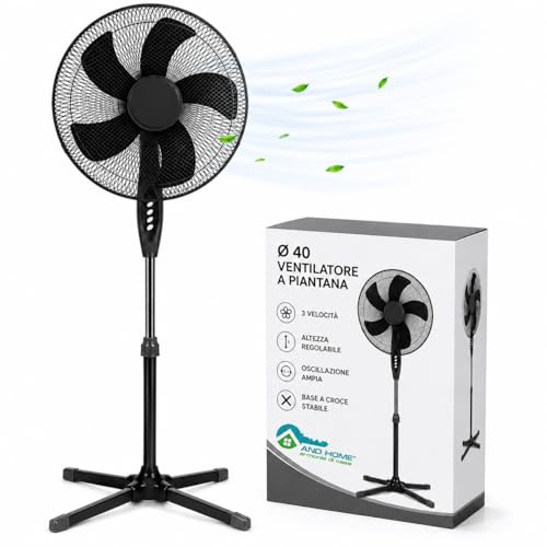 Ventilatore a Piantana Ø 40 cm NERO - FACILE MONTAGGIO - 50 W - 3 Velocità - STABILE e SILENZIOSO - Oscillazione Orizzontale - Altezza Regolabile 103-130 cm - Testa Inclinabile - Base a Croce