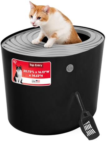 IRIS USA Large Top Entry Cat Litter Box with Lid Enclosed Covered Hooded Design Litter Catching Scatter Shield Pan Dog Proof Pet Proof Scoop Included Odor Control for Indoor Cats Kittens, Black/Gray