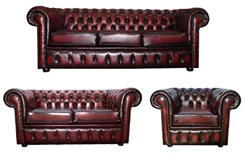 CK Chesterfield - Juego de sofás de 3 + 2 plazas de piel 100 % auténtica + silla club (rojo buey)