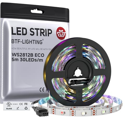 BTF-LIGHTING WS2812E Fili in lega ECO RGB 5050SMD Indirizzabile individualmente 5m 30Pixel/m Flessibile bianco PCB Full Color LED Pixel Strip Dream Color IP30 Non impermeabile Progetti fai da te DC5V