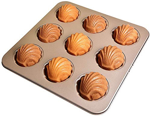 Ihanini Lot de 2 moules à madeleines pour la cuisson au four, 9 cavités, moule à gâteau antiadhésif, moule pour la cuisson au four, champagne doré