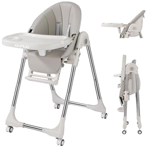 OUNUO Trona para Bebe Evolutiva, Plegable con bandeja extraíble, Ajustable 5 Alturas, 4 ruedas, Gris