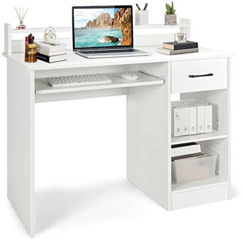 COSTWAY Computer Desk, Wooden PC Laptop Table Writing Workstation with Sliding Keyboard Tray, Adjustable Storage Shelf and Drawer, Modern Home Office Work Study Desk (White)