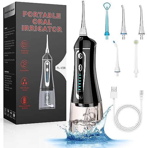 Cordless Water Flosser for Teeth Rechargeable - FZCOK 7 Clean Settings Oral Irrigator Dental Flosser for Braces Adults Teeth Cleaning Portable with Long Battery Life, Waterproof(Black)