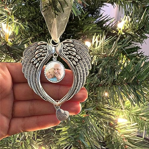 BTORER Remembrance Ornament Angel Wings Christmas Ornaments with Blank Photo Pendant, Christmas Tree Hanging Memorial Ornament Pendant Xmas Tree Hanging Decoration in Heaven Memorial Gift (Mom)